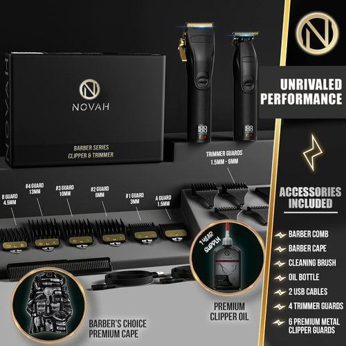 Novah® Professional Hair Clippers - Cordless Barber Clipper Set for Men's Haircuts | Gold Finish