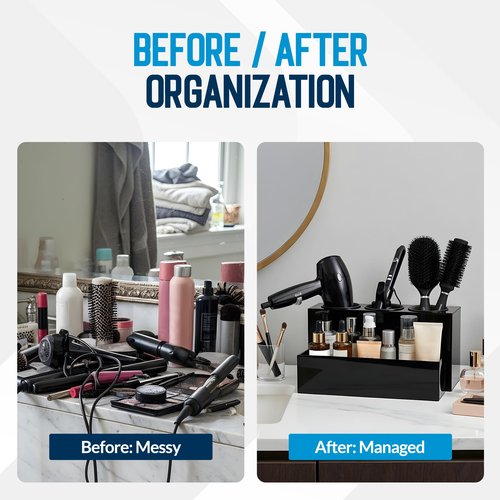 CANCRISELL Hair Tool Organizer for Bathroom Vanity – Blow Dryer Holder with Stainless Cups for Hair Dryer, Curling Iron & Straightener, Countertop Hot Tools Holder and Hair Tool Storage (BLACK)