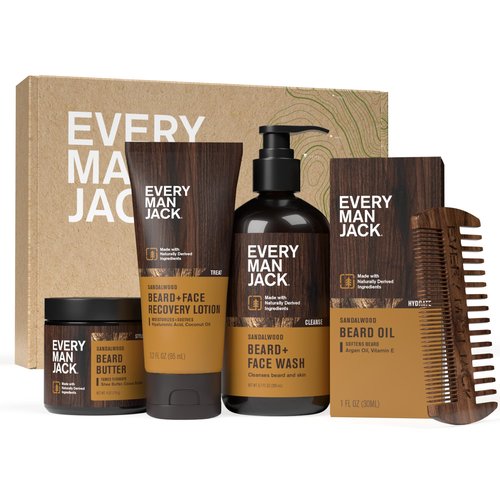 Every Man Jack Beard Essentials Gift Set for Men – Complete Routine with 5 Full-Size Essentials – Sandalwood Scent - Beard & Face Wash, Lotion, Oil, Butter & Comb