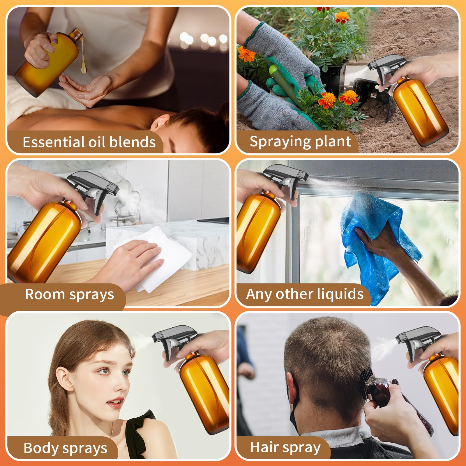 Vitreaux 2 Pack Amber Glass Spray Bottles,16oz Glass Spray Bottles Refillable Empty Containers with Adjustable Nozzle,Spray Bottle for Cleaning,Pets, Aromatherapy,Hair Mister,Squirt and Mist Setting