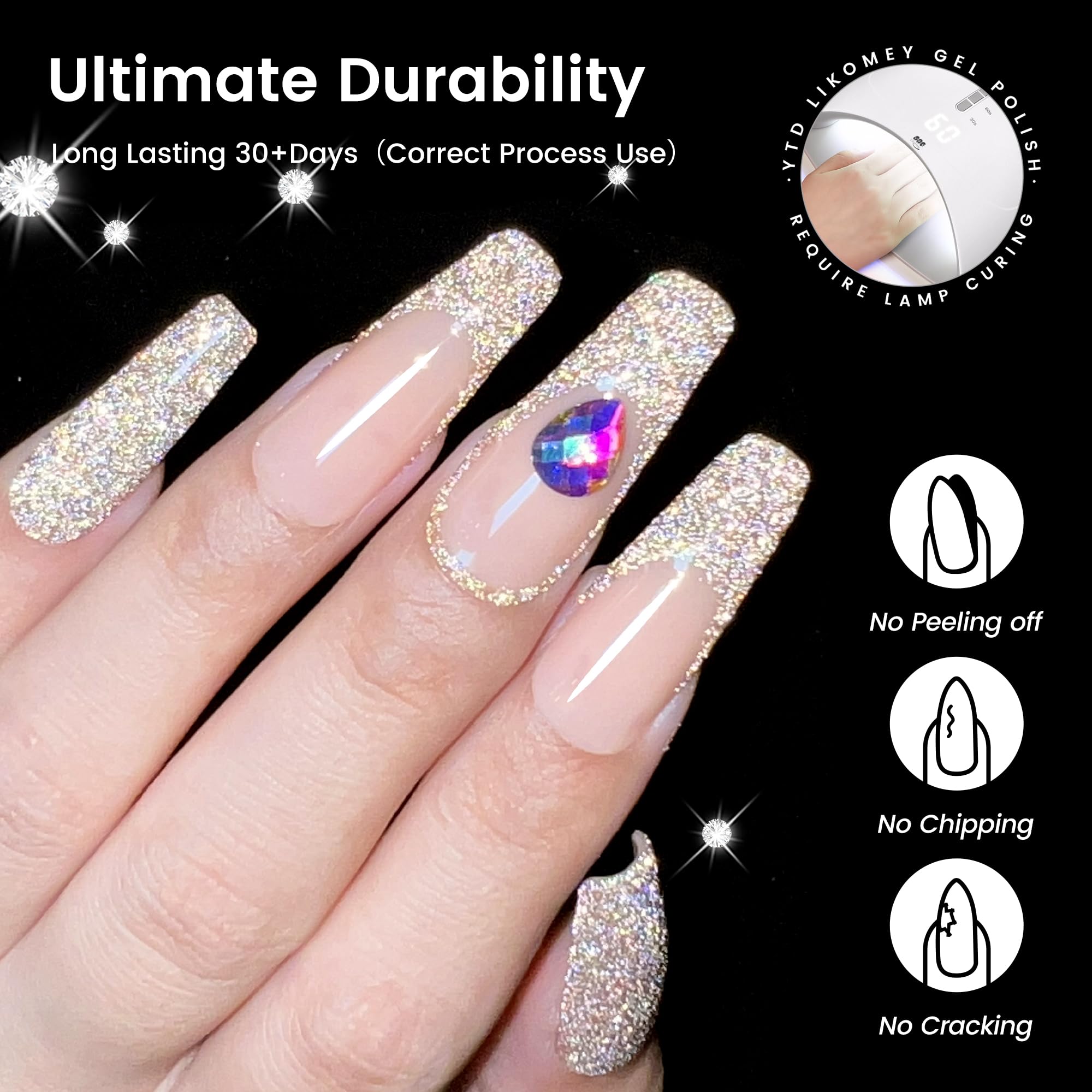 YTD Likomey Reflective Glitter Gel Nail Polish with Base Coat and Top Coat Set,Fall Winter Falsh 6 Colors Shimmer Black Silver Pink Blue Red Gold Diamond Sparkle UV Color Varnish Kit,8 Pcs 7.5 ml