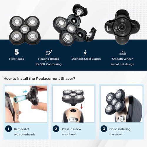 3 Pack Shaver Replacement Blades Compatible with Freedom Head Shaver Kit, 5 Blades Shaver Replacement Heads for Head Shavers for Bald Men, Replacement Blades for Head Electric Razor Shaving, 3 Brush
