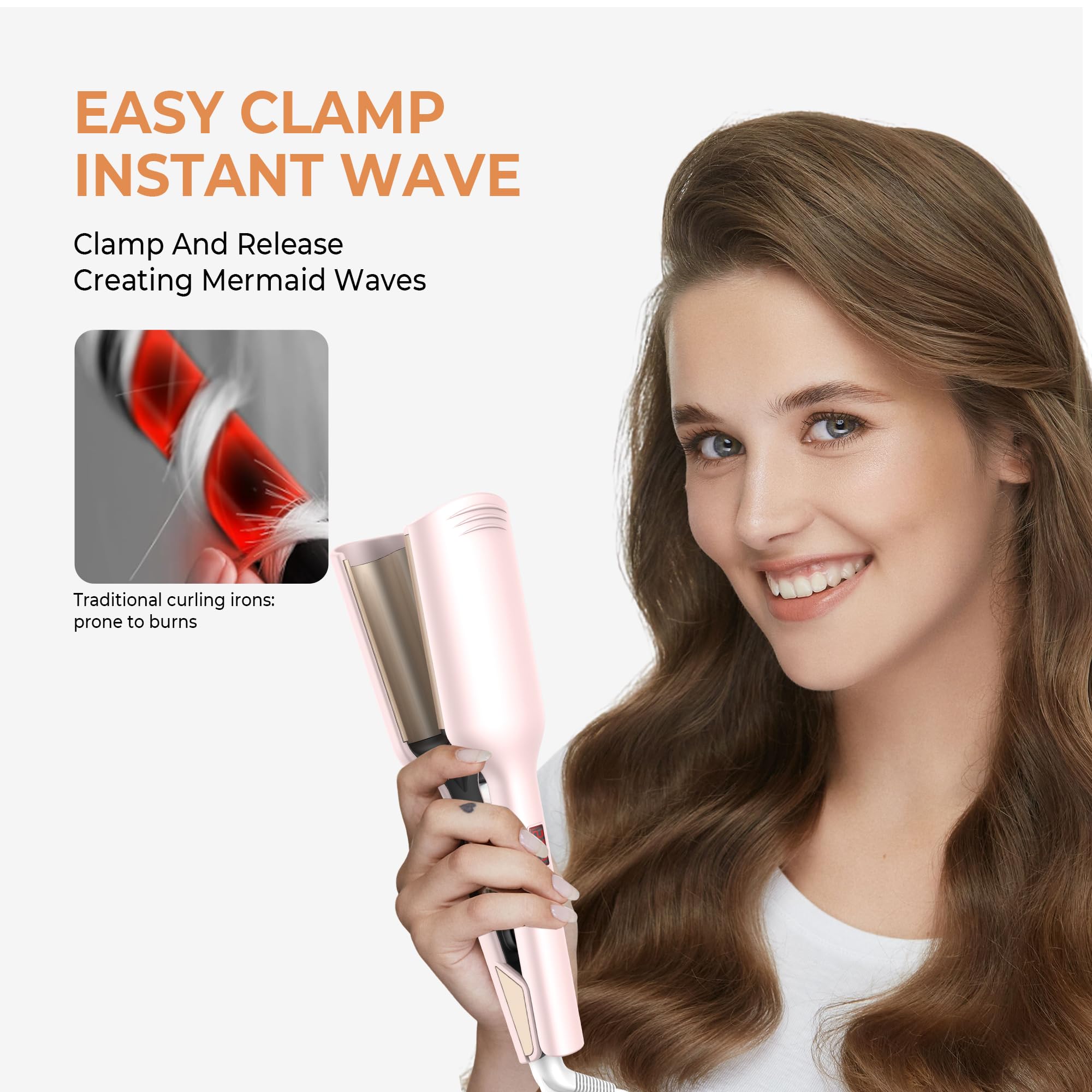 Waver Hair Tool,Mini Waver Curling Iron，Curling Iron Hair Crimper Waver，Ionic Deep Waver Curling Wand with Ceramic 2 Barrel for Women，Double Voltage, Easy to Use, Pink, 1.25 Inch