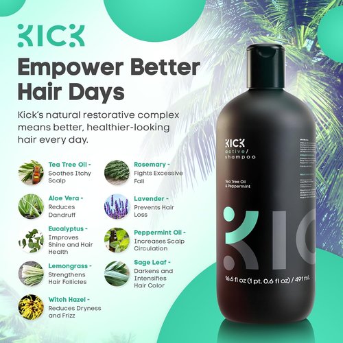 Kick Mens Shampoo - Peppermint & Tea Tree Oil Control - Sulfate-Free, Refreshing Formula - 16.6oz