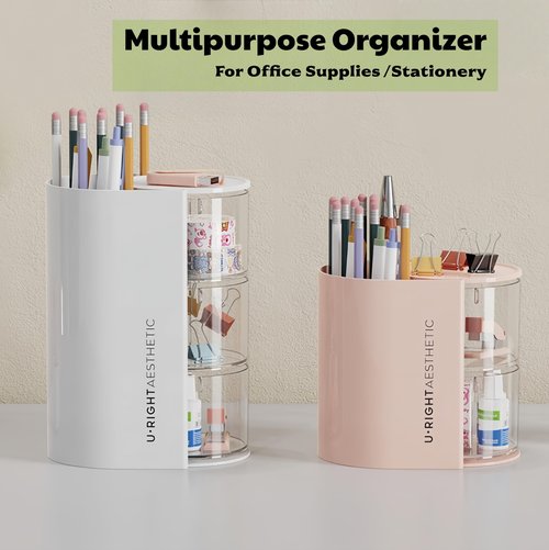 Lukzeezo Hair Accessories Organizer with 2 Hooks,3-Layer Rotatable Hair Tie Organizer With Hair Brush Holder,Makeup Brush Holder For Hair Ties,Hair clips,and Hair bows (Pink)