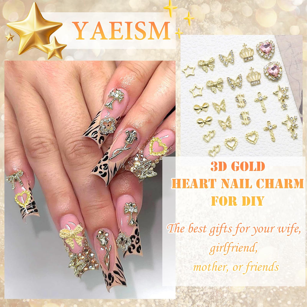 YAEISM 180PCS Gold Nail Charms: Cross Crystal Star, 3D Gold Butterfly, Sparkly Crown, Shiny Dollar Sign, Bling Cross Bowknot Starlight for Nail Art and DIY