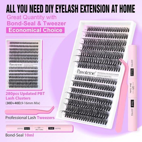 Pawotence Lash Extension Kit - 280pcs DIY Eyelash Clusters | 9-16mm 30D & 40D Individual Lashes