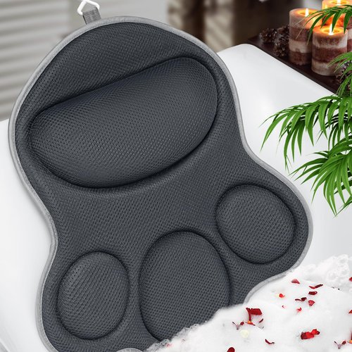 JUSDOO Bath Pillows for Tub Neck and Back Support - Upgraded Non-Slip Rubber Backing & 6 Suction Cups, 4D Air Mesh Spa Bathtub Cushion for Head Rest, Machine Washable with Laundry Bag & Hook (Gray)