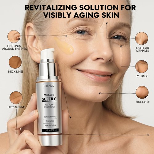 CIELARA Vitamin C Serum for Face, Anti Aging 20% Super C Serum With Vit C Hyaluronic Acid, Vitamin E, Peptides, Collagen Wrinkle Serume for Dark Spot, tighten, firming, lift, Brightening-1.7 Fl Oz