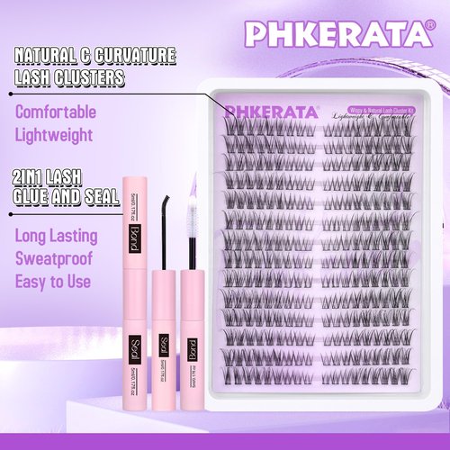 PHKERATA Wispy Lash Extension Kit Natural Lash Clusters Kit DIY Eyelash Extensions Kit 252 pcs Individual Lashes Clusters Wispy Eyelash Clusters with Lash Bond and Seal at Home Cat Eye Cluster