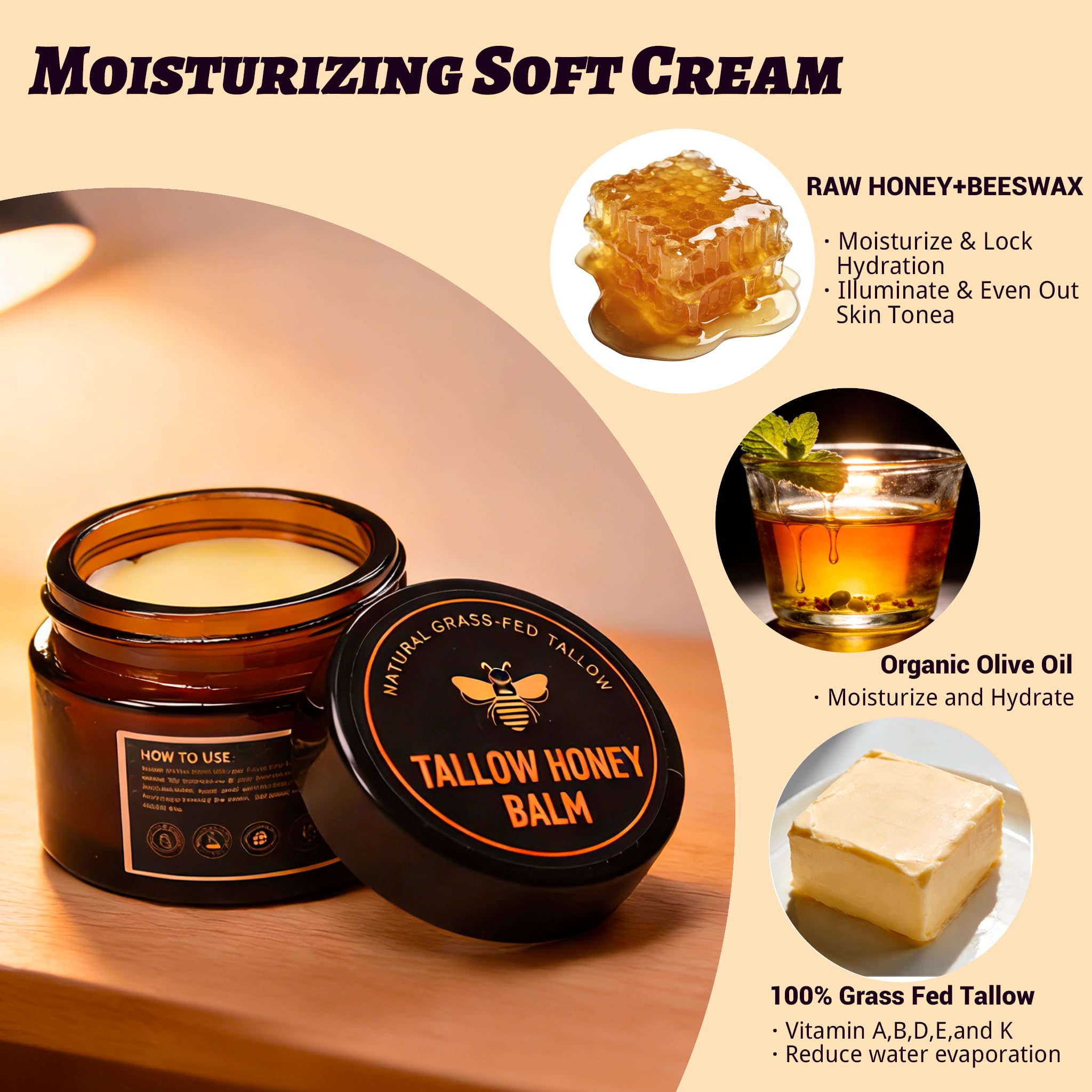 Yotdar 2 Pack Beef Tallow for Skin, Grass-Fed Beef Tallow and Honey Balm, Body & Face Moisturizer, Natural Hydrating Cream for Body (2 Oz)