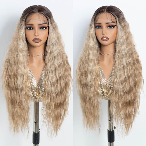 NOBLE Long Wavy Lace Front Wig Highlight Ash Blonde 30 Inch Middle Part Synthetic Lace Front Wig Heat Resistant Fiber Wigs for Daily Party Use