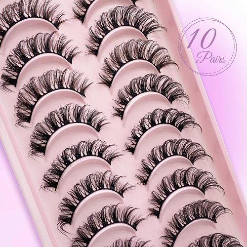 Royaomis D Curl Cat Eye lashes Wispy Russian Strip Lashes that Look Like Extensions 8D False Eyelashes Natural Look Pack 10 Pairs (RM-37)
