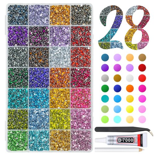 qiipii 28 Color 3mm Crystal Resin Rhinestones w B7000 Glue for Bedazzling Crafting SS10 Flatback Colorful Stones Crystals Gems Diamonds Bedaazler Kit for Nails Eyes Face Makeup Tumblers Bottles Crafts
