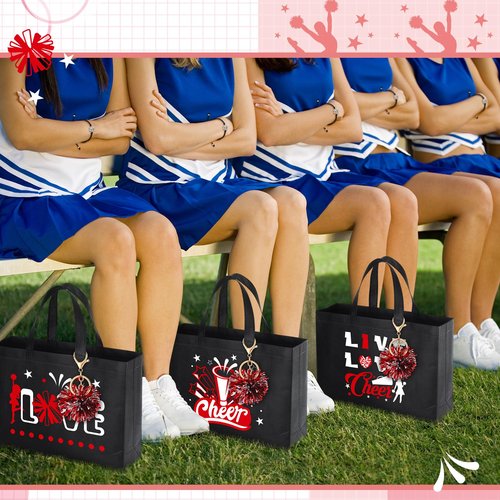 Landical 72 Pcs Red Cheerleading Gifts 24 Cheer Bags Portable 24 Pom Pom Keychain 24 Cheerleading Bracelet Canvas Makeup Bag Bulk Cheer Gifts Female Teammates Toiletries Accessories