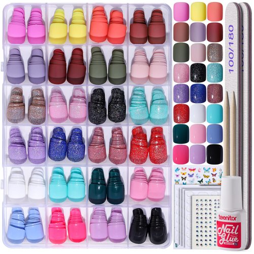 Teenitor Short Press On Nails with Glitter, 12 Sizes Square, Matte & Glossy Finish