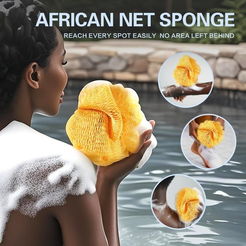 African Net Sponge Authentic 3 Pieces Exfoliating Body Scrubber African Net Sponge with Knots African Exfoliating Net Bath Sponge with Travel Bag (Black,Green,Blue)