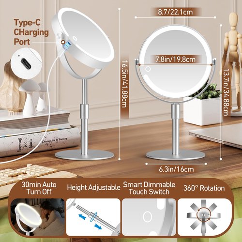 MOMOKUBA Magnifying Mirror with Light 20X, Height-Adjustable Lighted Makeup Mirror with Magnification, Double-Sided Aluminum Alloy LED Mirrors, 3 Lighting Modes Ideal for Bathroom Make-up, Silver