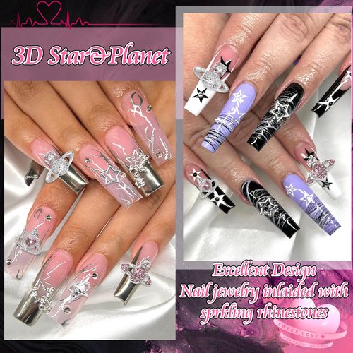 RODAKY 128PCS Silver Nail Charms Cross Star Charms for Nails 3D Saturn Planet Nail Jewelry Pink Nail Rhinestone Gems Mixed Style Y2K Nail Decoration Manicure Design Nail Accessories