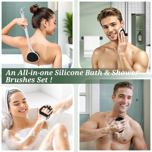 GEENOA Silicone Back Body Face Scrubbers Set 4PCS, 15.35’’ Back Scrubber Soft Body Scrubber for Dual-Side Usage, Easy-to-Hold Soft Bath Glove & Face Scrubber for Good Foaming Deep Cleaning(Black)