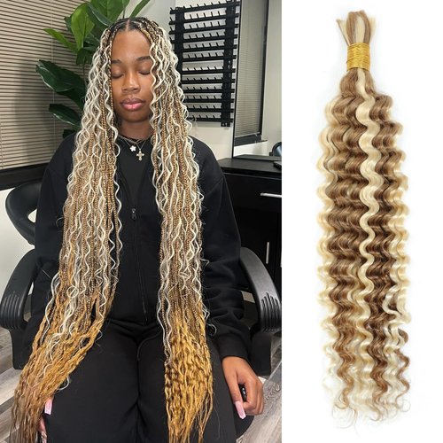 Syrenlore Ombre 27/613 Curly Deep Wave Braiding Hair Bulk, Highlighted Multi-Blonde Braiding Human Hair for Boho Knotless Braids, No Weft Blonde Extensions 20 Inch 50G LIGHT BULK