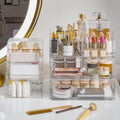 Henyol Makeup Organizer with Brush Holder Plastic Makeup Drawers For Vanity Clear Stackable Storage Case Makeup Organizer For Skincare, Brushes, Lipstick, Nail Polishes, Perfumes, Eyeshadow Palettes