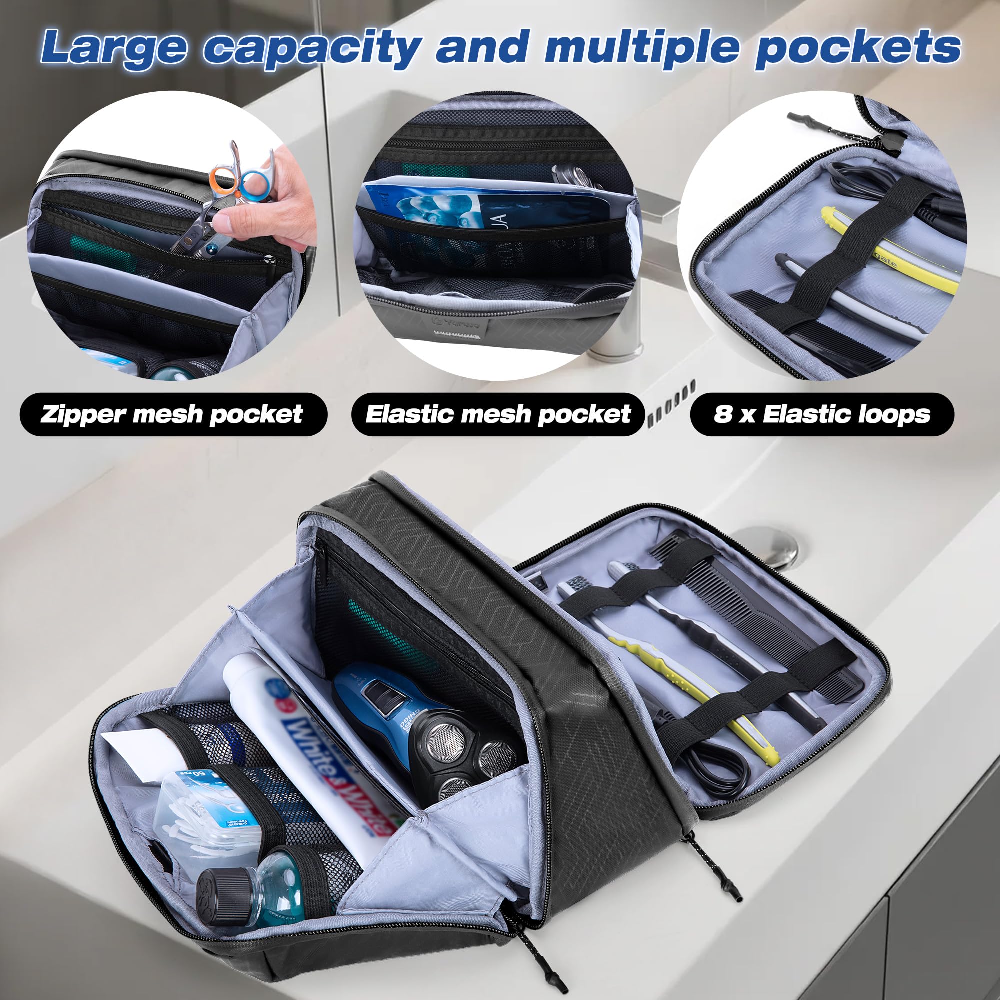Yarwo Travel Toiletry Bag for Men, Hanging Dopp Kit Shaving Storage Case, Water-resistant Toiletry Organizer Hygiene Bag for Toiletries, Skincare, Razor, Makeup, Shower Essentials, Xmas Gift for Men
