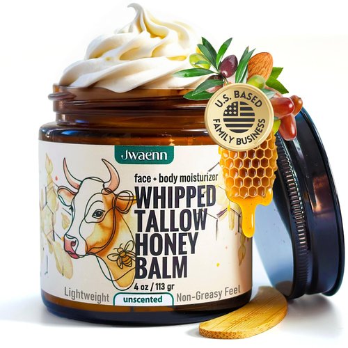 JWAENN Whipped Tallow and Honey Balm – Grass-Fed Beef Tallow for Skin, Face & Body Moisturizer for Dry and Sensitive Skin, Fast-Absorbing, Non-Greasy – 4 oz
