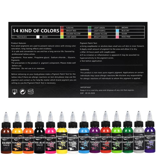 Tattoo Ink Set Professional 14 Colors 1oz (30ml) Vegan-Friendly Pigment Tattoo Ink Color Set Supplies