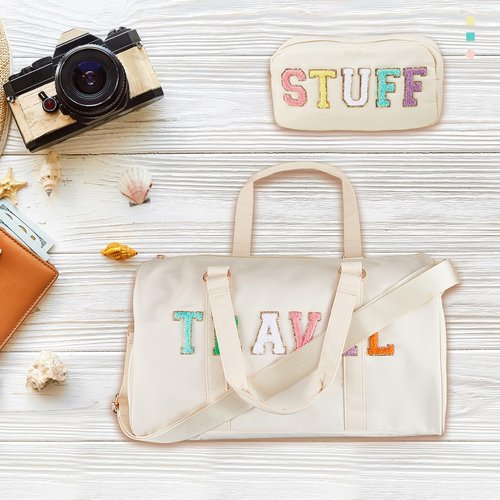 Shinylin 2 Pcs Travel Preppy Duffle Bag and Chenille Letter Makeup Pouch Cosmetic Zipper Patch Weekender Carry on Tote Bag for Women(Nude)