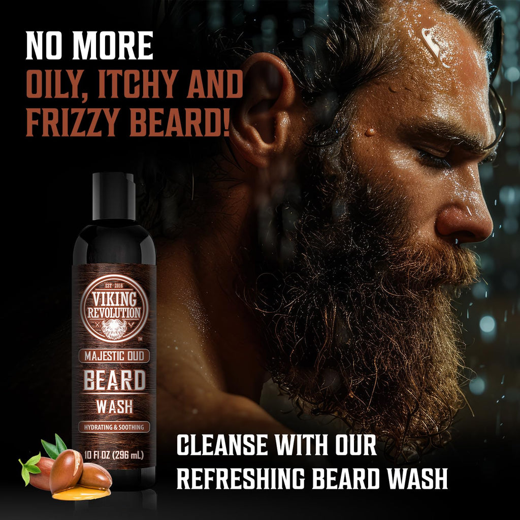 Viking Revolution Beard Wash and Beard Conditioner for Men with Argan Oil and Jojoba Oil - Beard Softener and Strengthener Beard Care Beard Shampoo and Conditioner with Beard Oil (10oz, Majestic Oud)