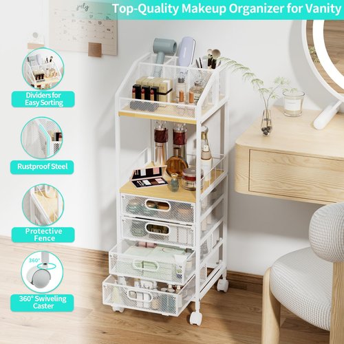 HapiRm Makeup Organizer Storage Cart - Floor Skincare Make Up Storage with 4 Drawers, Rolling Makeup Cart Vanity Organizer Cosmetics Display Cases Holder for Skin Care Perfume Nail Polish