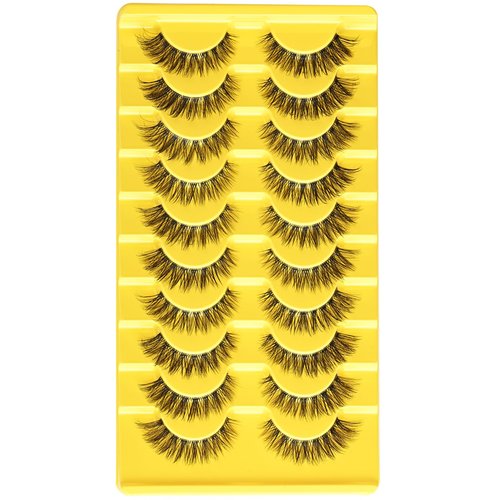 QUNETY Lashes Wispy False Eyelashes Natural Fake Lashes with Clear Band 10 Pairs Cat Eye Lashes Pack Reusable Lashes Natural Look Short Wispies Mink Eyelash Strips Cateye Lashes for Women