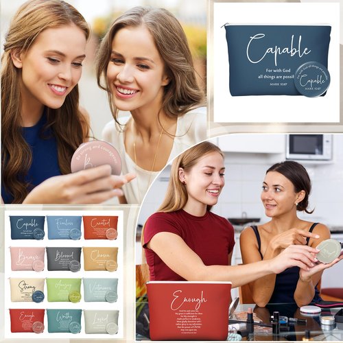 Geelin 24 Sets Christian Gifts Bulk Religious Canvas Makeup Bags with Bible Verse and Compact Mirrors Inspirational Gift for Women Teacher Staff Coworker Church Ladies Easter Holiday Gifts (Classic)
