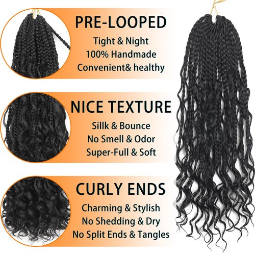 9 Packs Boho Goddess Box Braids Crochet Hair Bohemian Box with Curly Ends Pre-Looped Synthetic Hair Extensions for Black Women(24 Inch,1B)