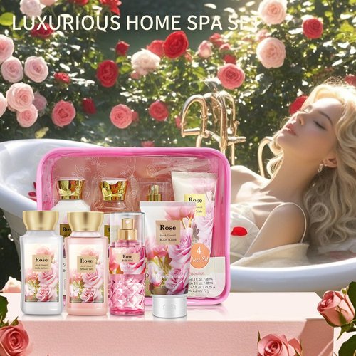 Rose Bath and Body Gift Set, 4-Piece Personal Care Collection, Shower Gel, Body Lotion, Body Mist, Exfoliating Scrub,Personal Portable Body Care Travel Set