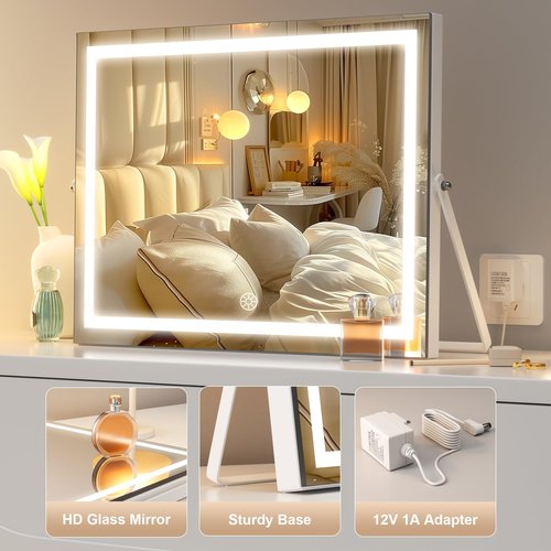 Hasipu Vanity Mirror with Lights, 17.7" x13.8” - 10X Magnification, Smart Touch 3 Color Modes, Brightness Control & 360° Rotation