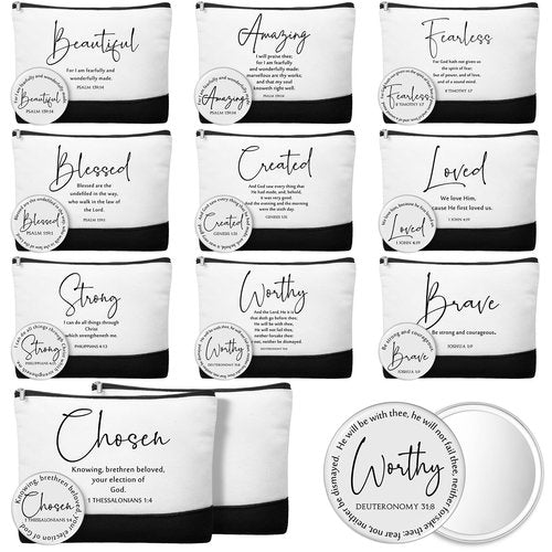 Kacctyen 20 Pcs Christian Gift Bulk 10 Inspirational Canvas Bible Verse Makeup Bag 10 Religious Compact Mirrors for Women Mother Pastor Easter Church Gifts Employee Appreciation Gift(Bible Verse)