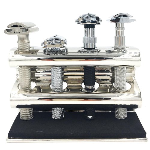 Parker Double Edge Razor Stand - Solid Brass with Mirror Chrome Finish -Holds 4 Razors - Parker Stand with Padded Base - Excellent Storage for Long Handled Double Edge Safety Razors