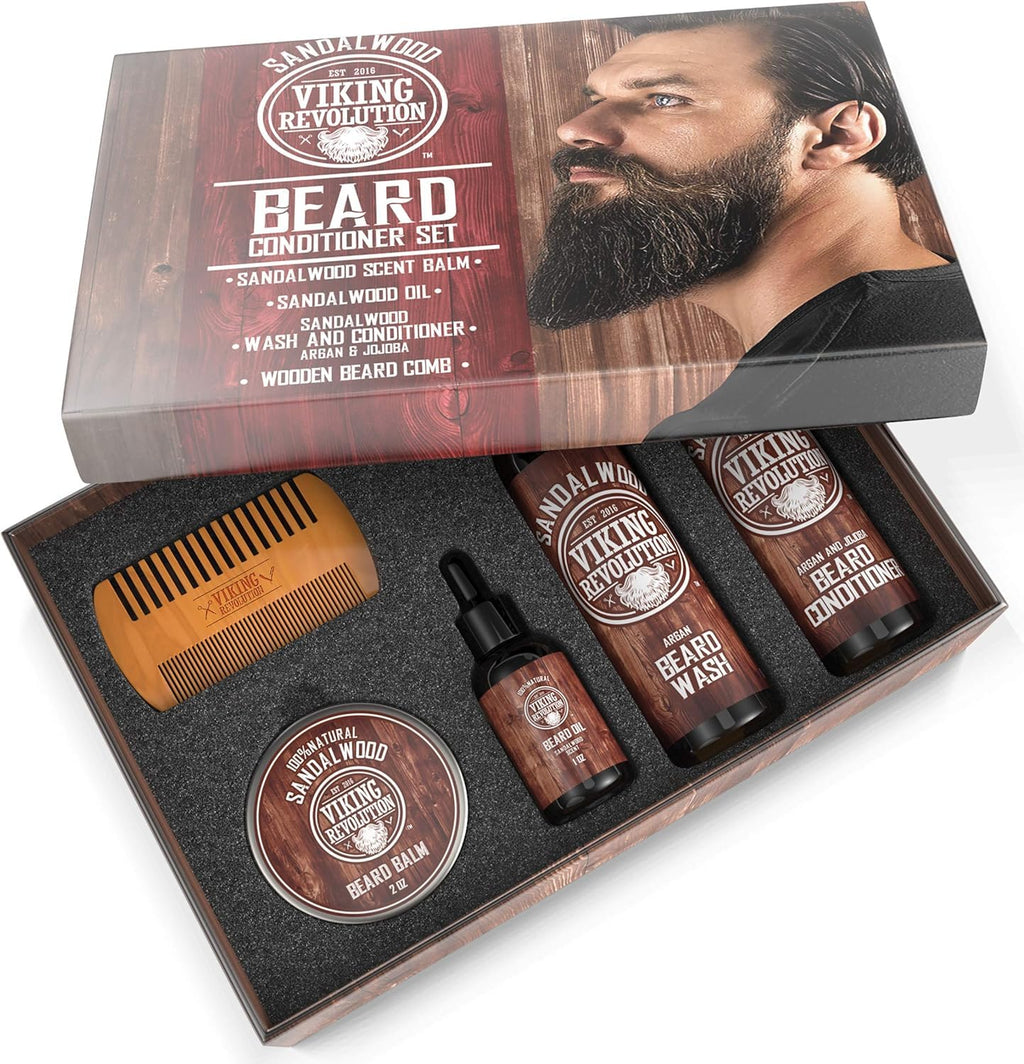 Viking Revolution Ultimate Conditioner for Men's Beard Grooming - Softens, Smoothes and Soothes Beard Itch- Contains Wash, Conditioner, Oil, Balm and Comb- Sandalwood Scent