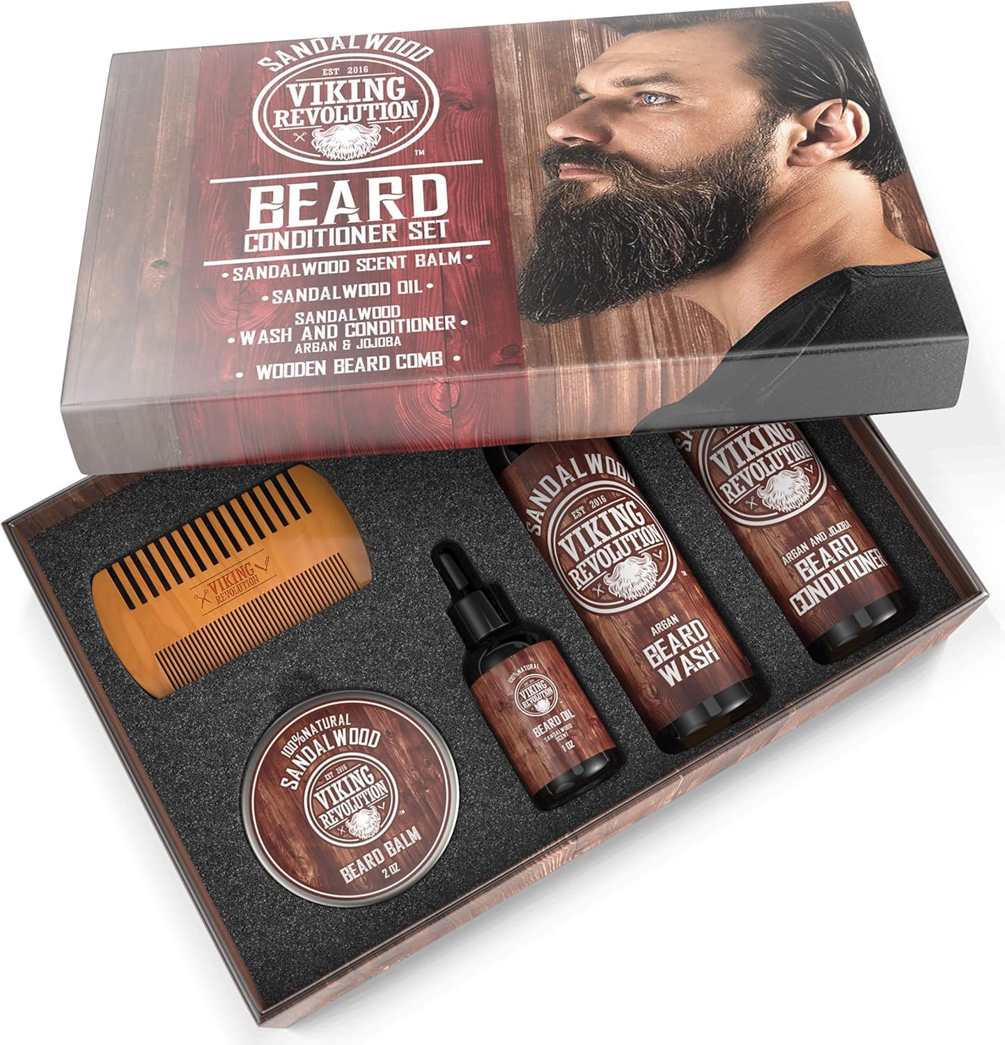 Viking Revolution Ultimate Conditioner for Men's Beard Grooming - Softens, Smoothes and Soothes Beard Itch- Contains Wash, Conditioner, Oil, Balm and Comb- Sandalwood Scent