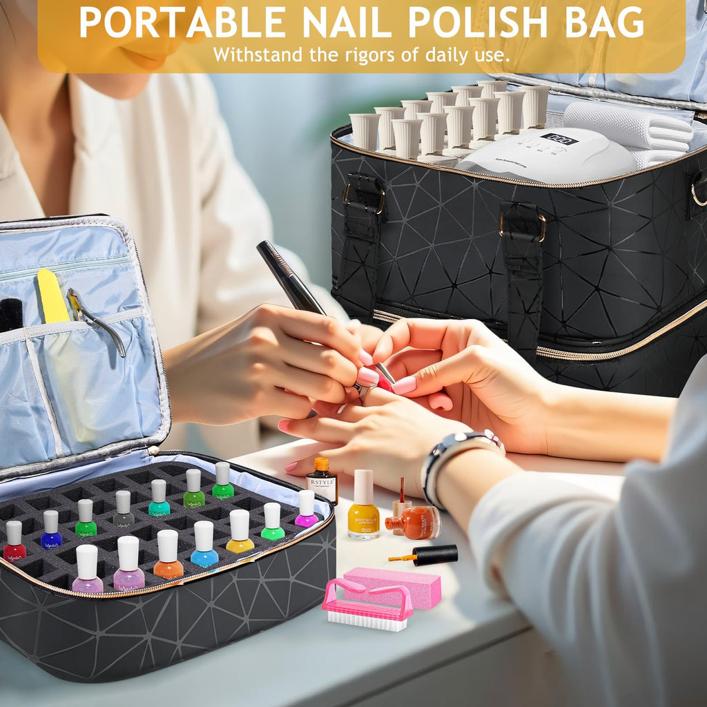 YUYAFN Large Nail Polish Organizer Bag Holds 84 Bottles Nail Polish and a Nail Lamp, PU Leather Nail Kit Storage Carrying Case, Removable Portable Travel Nail Art Tool Storage