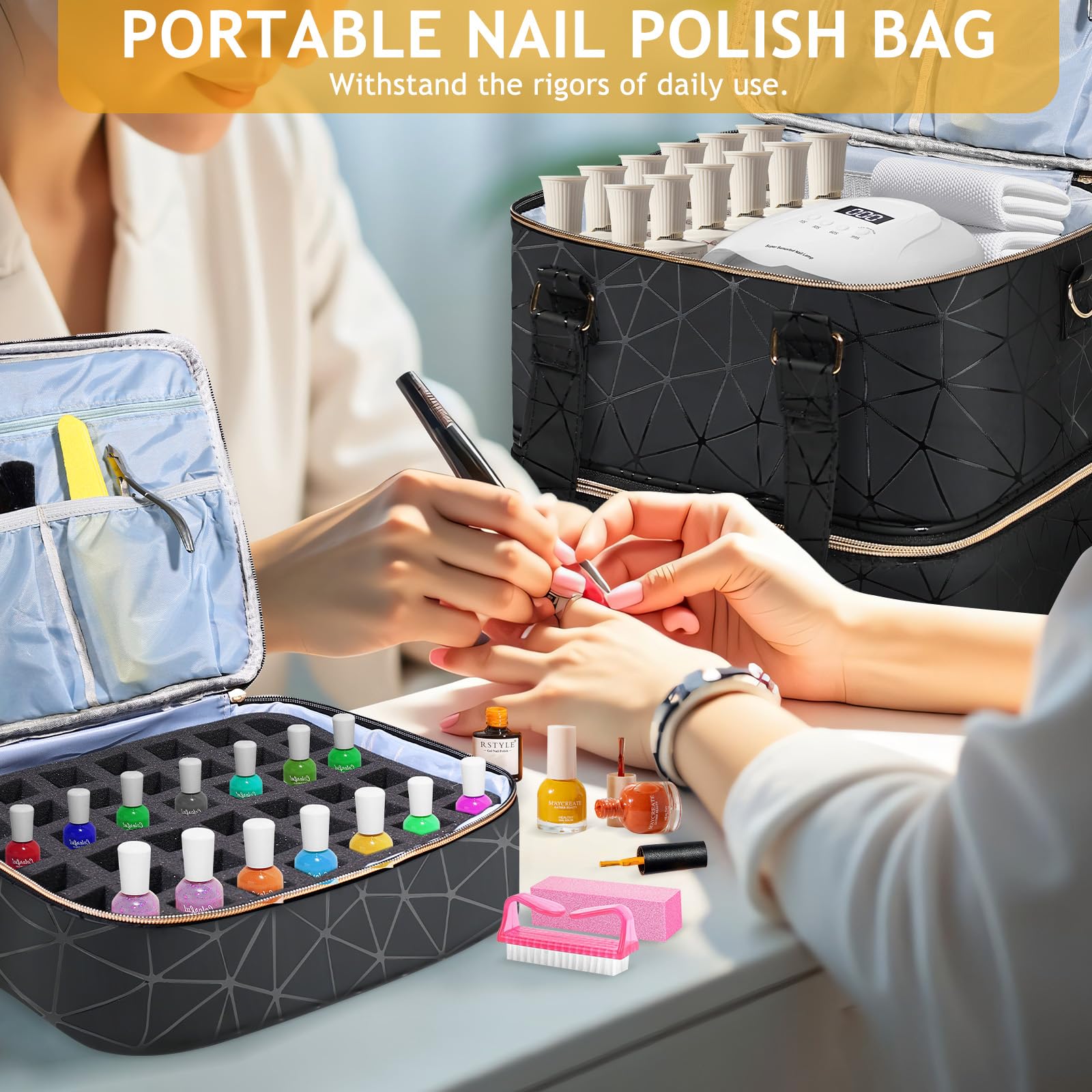 YUYAFN Large Nail Polish Organizer Bag Holds 84 Bottles Nail Polish and a Nail Lamp, PU Leather Nail Kit Storage Carrying Case, Removable Portable Travel Nail Art Tool Storage