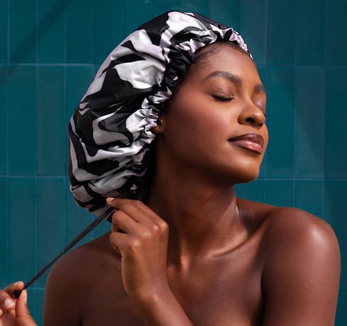 Glow by Daye Satin Lined Shower Cap, Adjustable and Waterproof with Satin Interior for Hair Protection, Large (Ebony and Ivory)