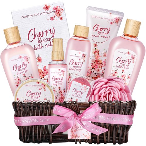 Green Canyon Spa Birthday Gifts for Women 11 Pcs Cherry Blossom Spa Gift Baskets Birthday Gift for Mom Her Friend Sister Wife Mothers Day Gifts for Her Bath and Body Gift Sets Presents for Her