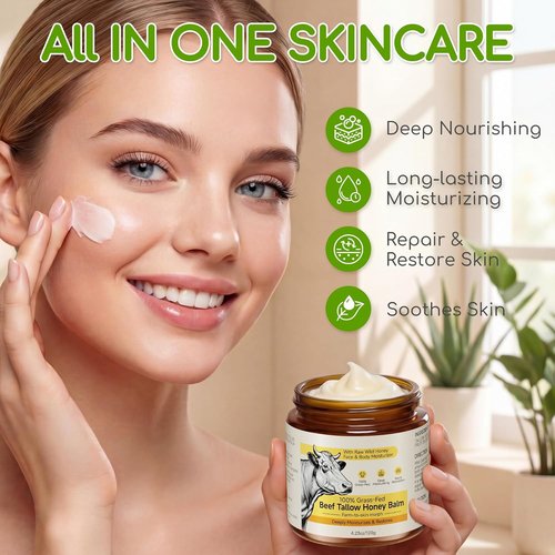 Beef Tallow - Whipped Tallow and Honey Balm Cream | 100% Grass-Fed Face Moisturizer, Unscented 4.2 OZ