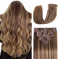 Clip in Hair Extensions Real Human Hair, Seamless Clip ins Real Human Hair for Women, Balayage Remy Human Hair Clip in Extensions, Double Weft 8pcs 16 inch Chocolate Brown to Caramel Blonde