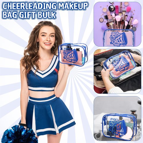 Kacctyen 24 Pcs Cheer Team Gifts Cheer Makeup Bag Bulk for Team Sport Gifts PVC Clear Cosmetic Bag Cheerleader Makeup Case Toiletry Zipper Pouch for Sport Cheerleading, 7x4.7x2.4''(Blue)