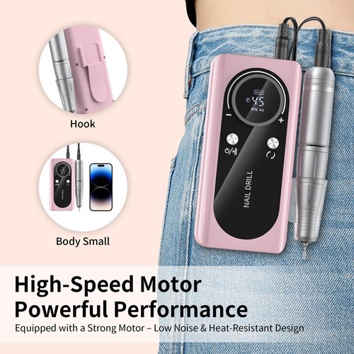 Electric Nail Drill Machine 45,000RPM - Professional Electric and Rechargeable Nail Drill with LCD Display, 6 Bits and 30 Sanding Bands, Low Heat Quiet E-File for Acrylic Gel Nails V9-3