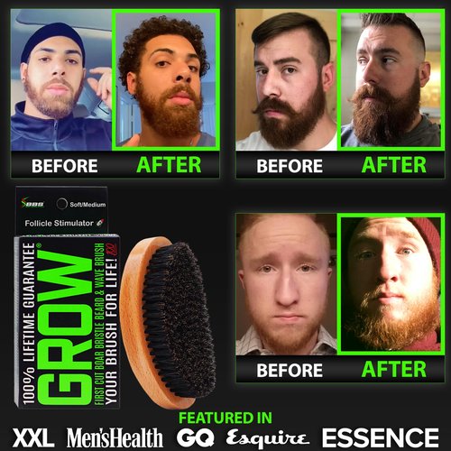 GROW Beard Brush & 360 Wave Brush for Men - Natural Boar Bristle For Fuller, Thicker Hair, Beard & Mustache - Premium Full-Size to Exfoliate, Strengthen Hair, Stimulate & Boost Growth